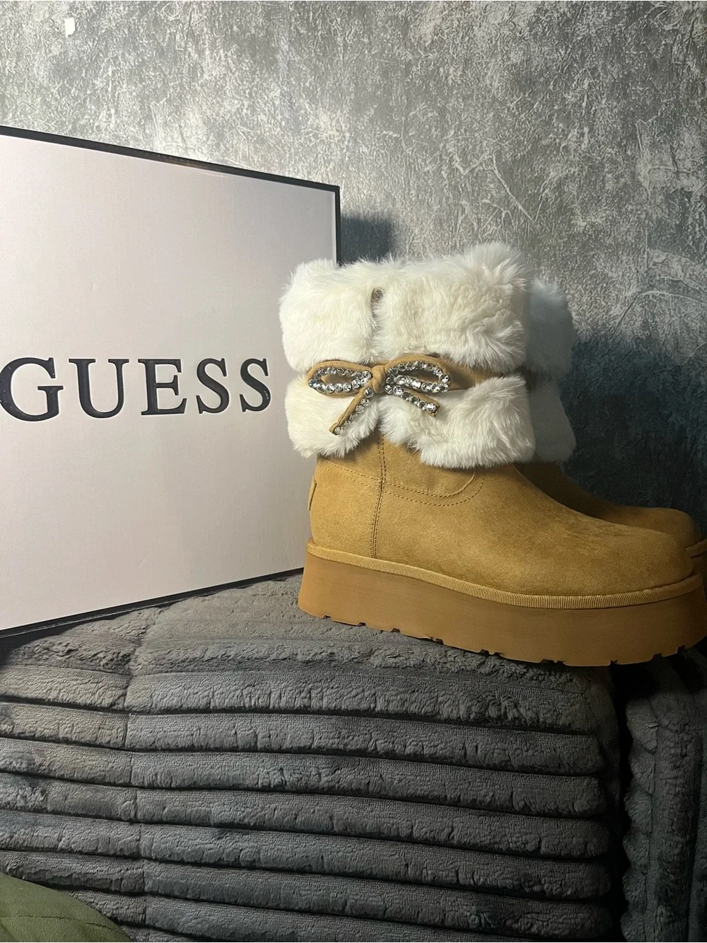 GUESS Tan Suede Platform Ankle Boots with White Faux-Fur Cuff and Crystal Bow